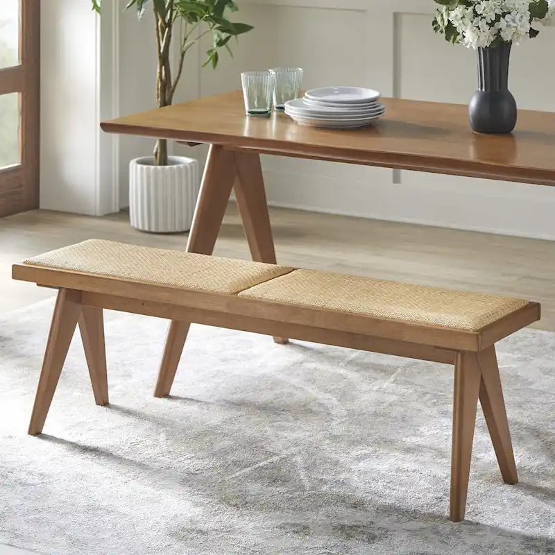 Panca da pranzo in legno massello e rattan