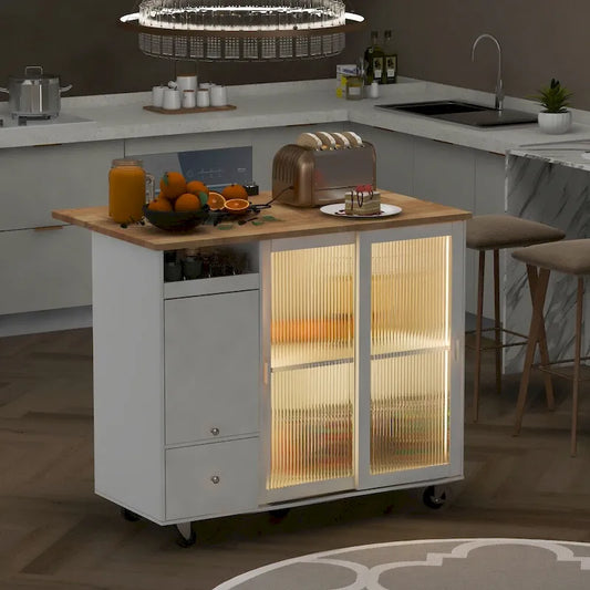 Isola per cucina in legno con LED da 44.03 pollici con ante a battente e ante scorrevoli in vetro