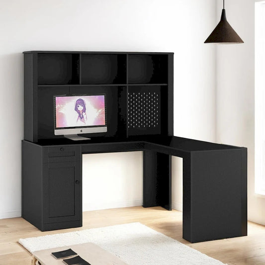 Scrivania a L con caricatore, scrivania per computer con cassetti, libreria e mobile pensile con luce a LED, scrivania angolare moderna, scrivania per ufficio domestico