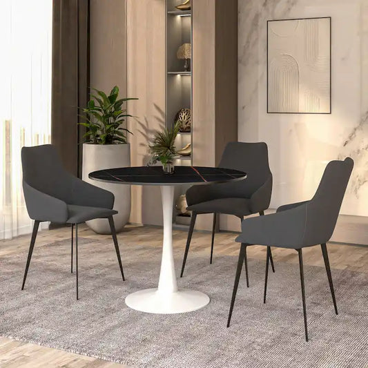  31 Modern Round Dining Table with Sintered Stone Top & White Stainless Steel Pedestal Base for Dining Room and Kitchen
