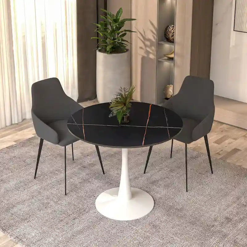 31 Tavolo da Pranzo Rotondo Moderno con Piano in Pietra Sinterizzata e Base a Piedistallo in Acciaio Inossidabile Bianco per Sala da Pranzo e Cucina
