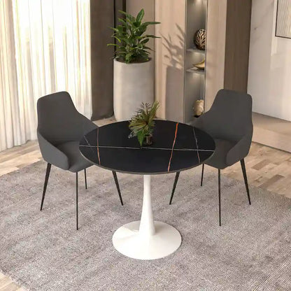 31 Tavolo da Pranzo Rotondo Moderno con Piano in Pietra Sinterizzata e Base a Piedistallo in Acciaio Inossidabile Bianco per Sala da Pranzo e Cucina