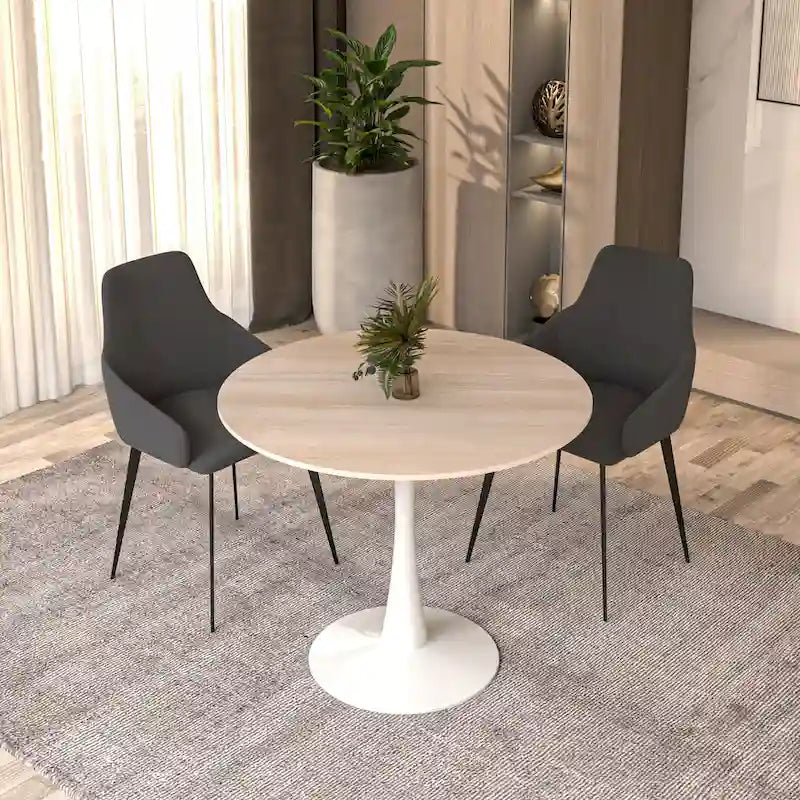 31 Tavolo da Pranzo Rotondo Moderno con Piano in Pietra Sinterizzata e Base a Piedistallo in Acciaio Inossidabile Bianco per Sala da Pranzo e Cucina