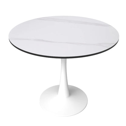 31 Tavolo da Pranzo Rotondo Moderno con Piano in Pietra Sinterizzata e Base a Piedistallo in Acciaio Inossidabile Bianco per Sala da Pranzo e Cucina