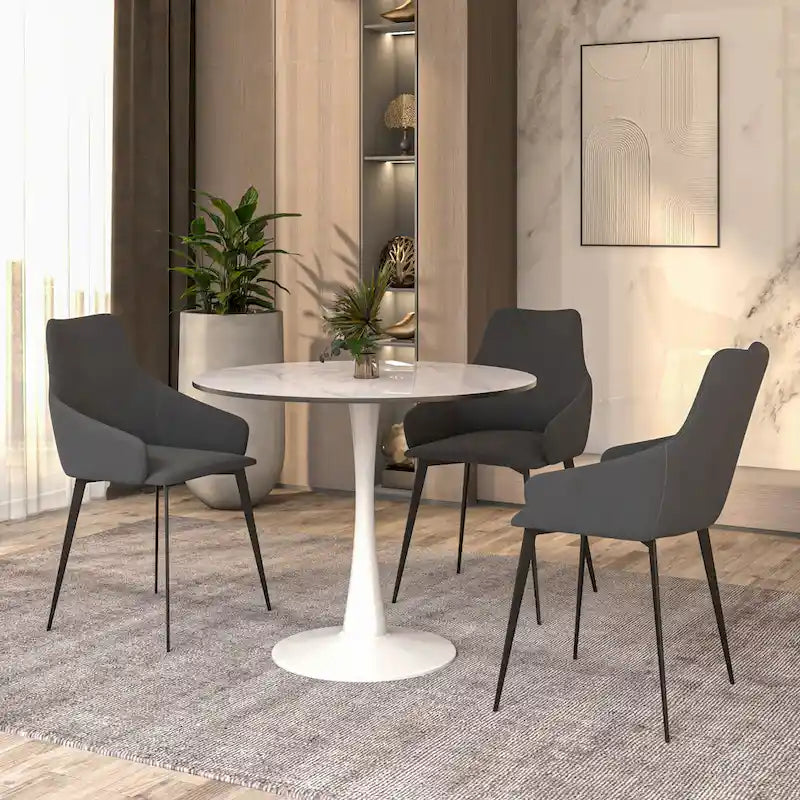31 Tavolo da Pranzo Rotondo Moderno con Piano in Pietra Sinterizzata e Base a Piedistallo in Acciaio Inossidabile Bianco per Sala da Pranzo e Cucina