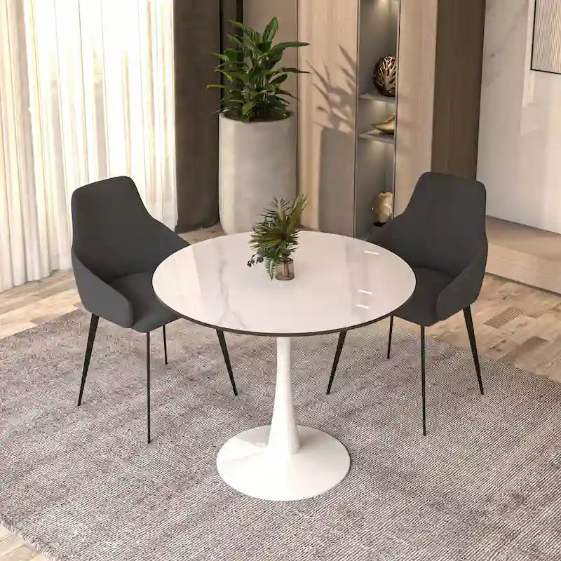 31 Tavolo da Pranzo Rotondo Moderno con Piano in Pietra Sinterizzata e Base a Piedistallo in Acciaio Inossidabile Bianco per Sala da Pranzo e Cucina