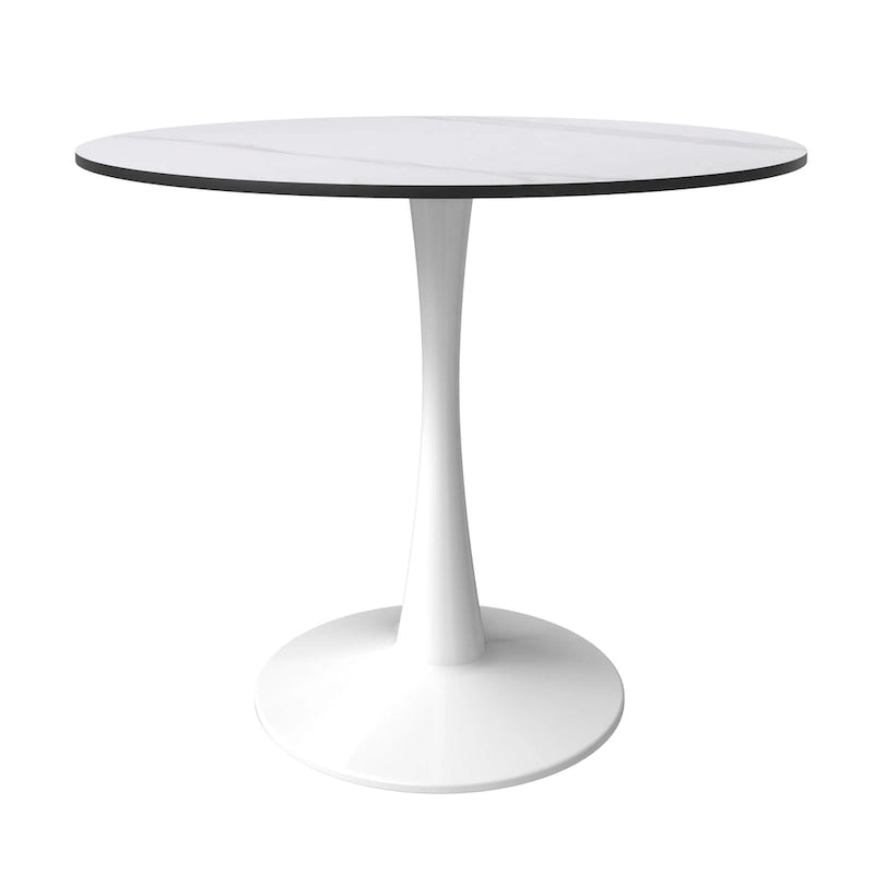 31 Tavolo da Pranzo Rotondo Moderno con Piano in Pietra Sinterizzata e Base a Piedistallo in Acciaio Inossidabile Bianco per Sala da Pranzo e Cucina