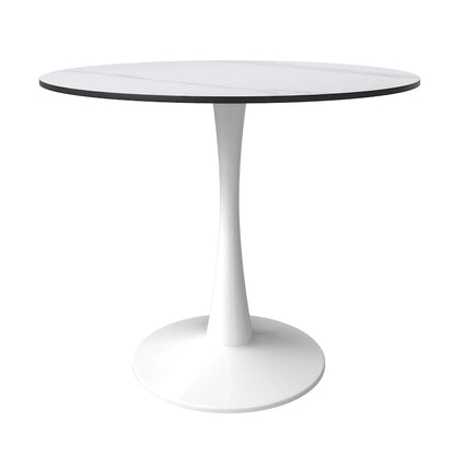 31 Tavolo da Pranzo Rotondo Moderno con Piano in Pietra Sinterizzata e Base a Piedistallo in Acciaio Inossidabile Bianco per Sala da Pranzo e Cucina