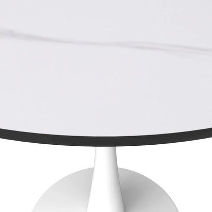 31 Tavolo da Pranzo Rotondo Moderno con Piano in Pietra Sinterizzata e Base a Piedistallo in Acciaio Inossidabile Bianco per Sala da Pranzo e Cucina