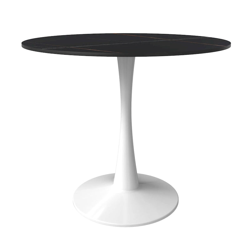 31 Tavolo da Pranzo Rotondo Moderno con Piano in Pietra Sinterizzata e Base a Piedistallo in Acciaio Inossidabile Bianco per Sala da Pranzo e Cucina