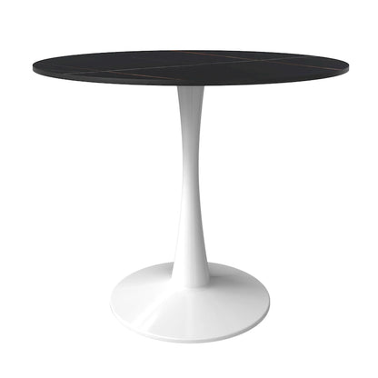31 Tavolo da Pranzo Rotondo Moderno con Piano in Pietra Sinterizzata e Base a Piedistallo in Acciaio Inossidabile Bianco per Sala da Pranzo e Cucina