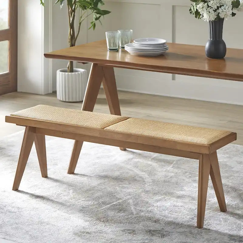 Panca da pranzo in legno massello e rattan