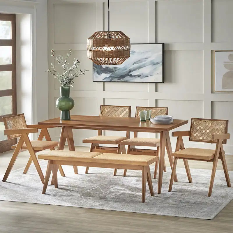 Panca da pranzo in legno massello e rattan