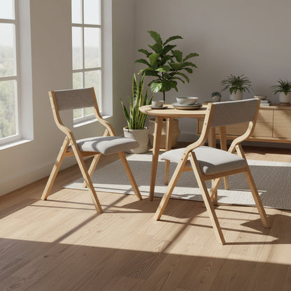 2PCS Folding Dining Chair Wooden Upholstered Linen Fabric Padded Seat