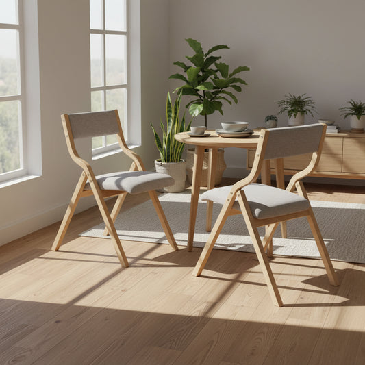 2PCS Folding Dining Chair Wooden Upholstered Linen Fabric Padded Seat