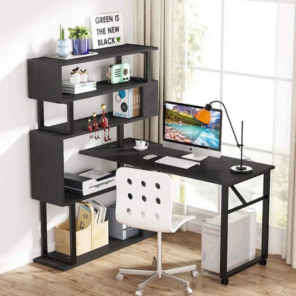 Scrivania a L Girevole con Libreria Portaoggetti per Home Office