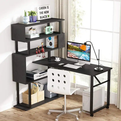 Scrivania a L Girevole con Libreria Portaoggetti per Home Office