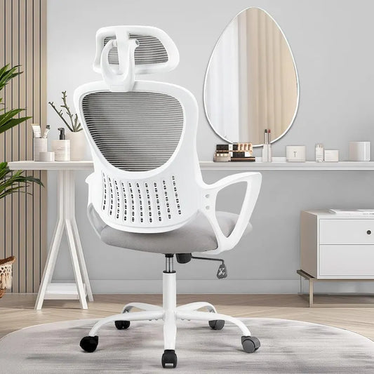 Sedia da ufficio ergonomica, comoda sedia da scrivania per computer in rete con schienale alto e braccioli fissi e poggiatesta regolabile, sedia girevole con ruote
