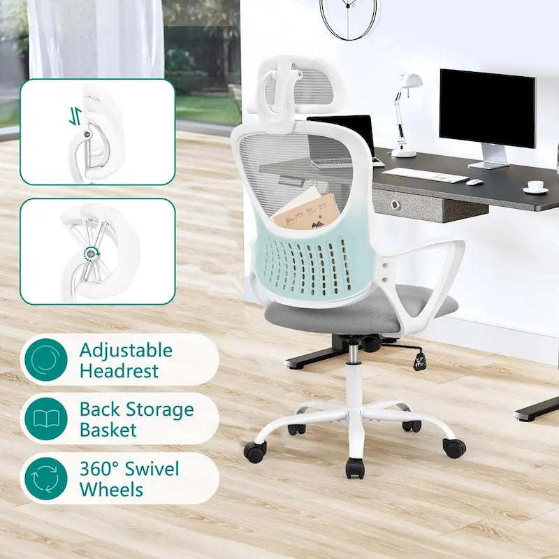 Sedia da ufficio ergonomica, comoda sedia da scrivania per computer in rete con schienale alto e braccioli fissi e poggiatesta regolabile, sedia girevole con ruote
