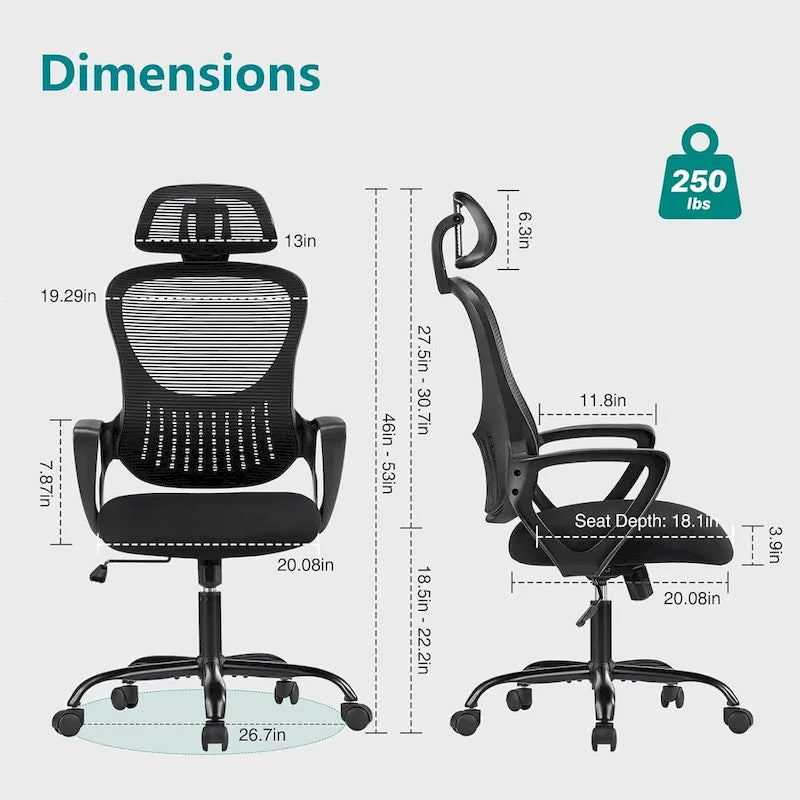 Sedia da ufficio ergonomica, comoda sedia da scrivania per computer in rete con schienale alto e braccioli fissi e poggiatesta regolabile, sedia girevole con ruote