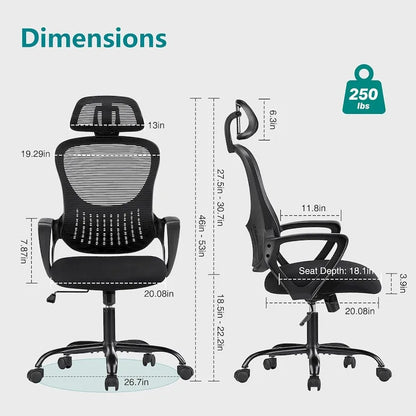 Sedia da ufficio ergonomica, comoda sedia da scrivania per computer in rete con schienale alto e braccioli fissi e poggiatesta regolabile, sedia girevole con ruote