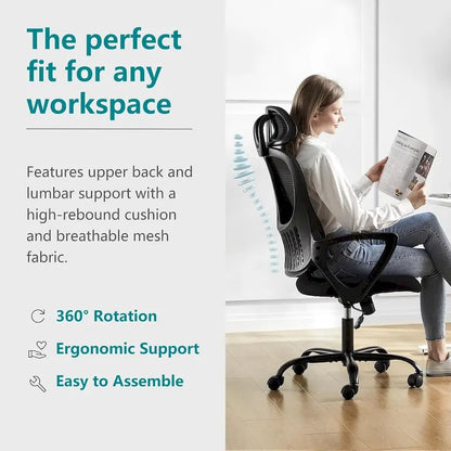 Sedia da ufficio ergonomica, comoda sedia da scrivania per computer in rete con schienale alto e braccioli fissi e poggiatesta regolabile, sedia girevole con ruote
