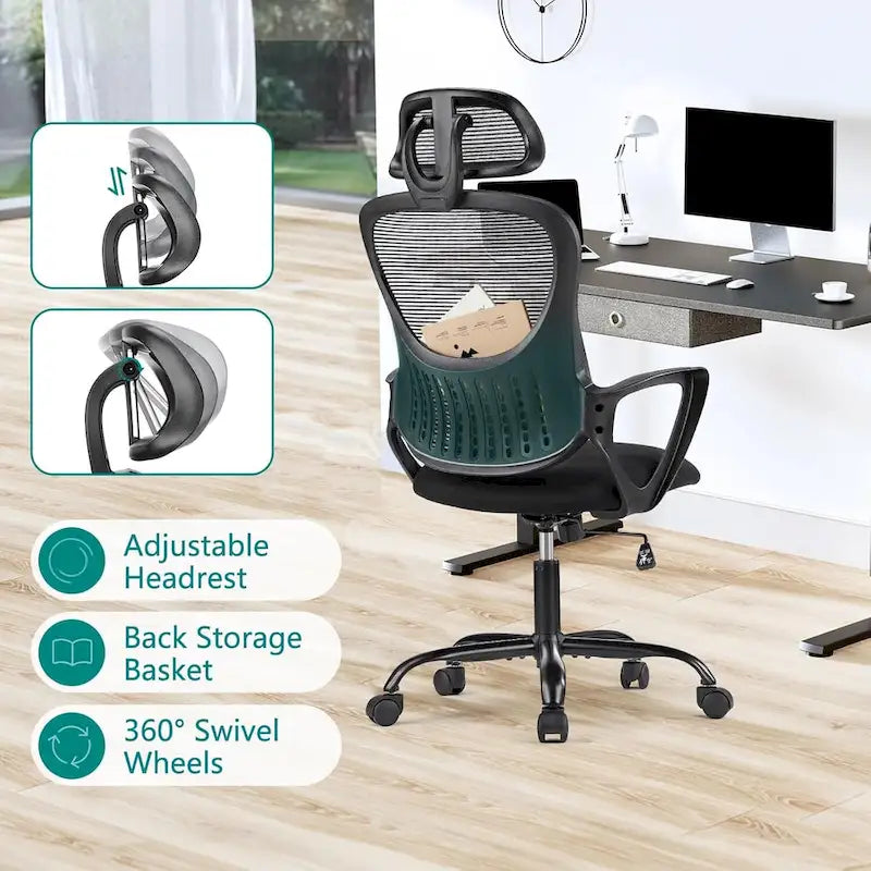 Sedia da ufficio ergonomica, comoda sedia da scrivania per computer in rete con schienale alto e braccioli fissi e poggiatesta regolabile, sedia girevole con ruote