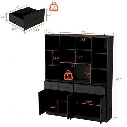 Libreria con 4 ante, 4 cassetti e ripiani, Nera - H 200 cm