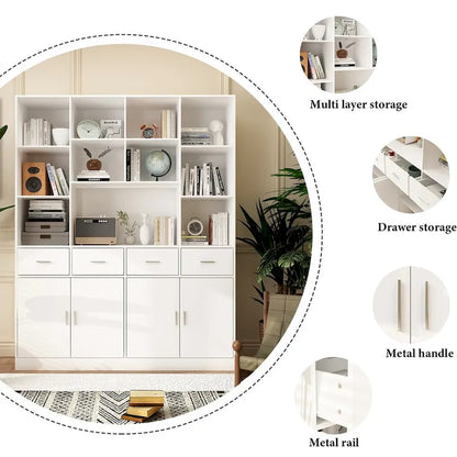 Libreria con 4 ante, 4 cassetti e ripiani, Nera - H 200 cm