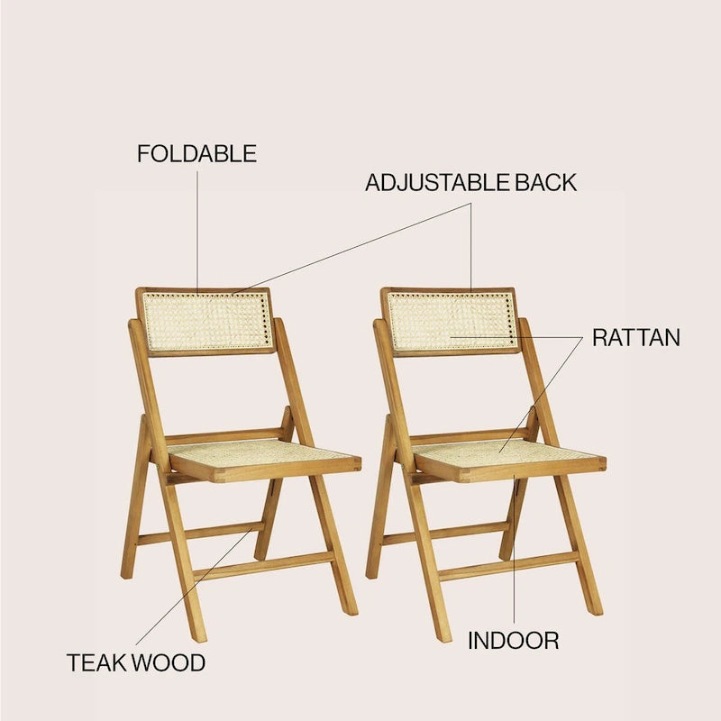 Sedia pieghevole Olivier Mid-Century Vintage in legno e rattan con schienale regolabile, (set da 2) di JONATHAN Y