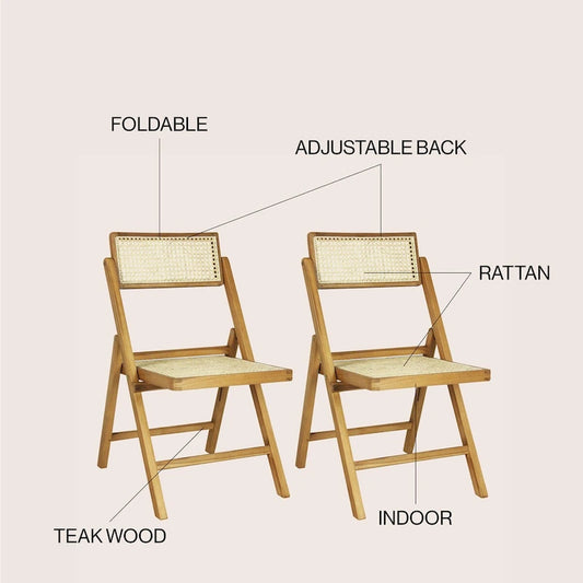 Sedia pieghevole Olivier Mid-Century Vintage in legno e rattan con schienale regolabile, (set da 2) di JONATHAN Y