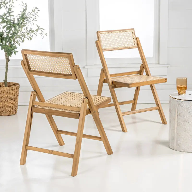 Sedia pieghevole Olivier Mid-Century Vintage in legno e rattan con schienale regolabile, (set da 2) di JONATHAN Y