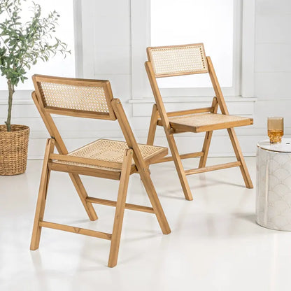 Sedia pieghevole Olivier Mid-Century Vintage in legno e rattan con schienale regolabile, (set da 2) di JONATHAN Y