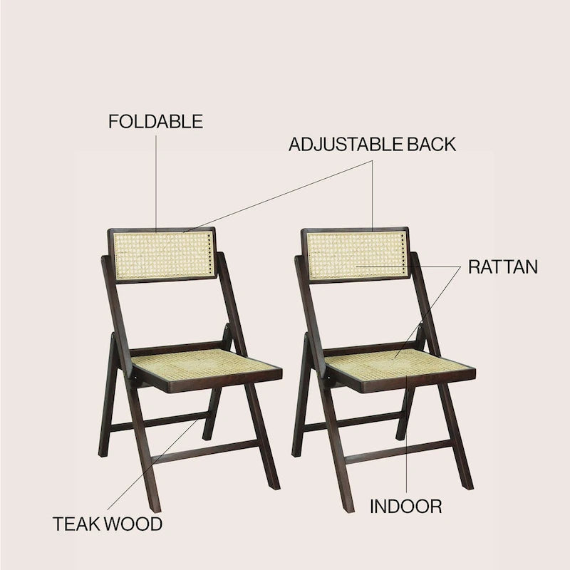 Sedia pieghevole Olivier Mid-Century Vintage in legno e rattan con schienale regolabile, (set da 2) di JONATHAN Y