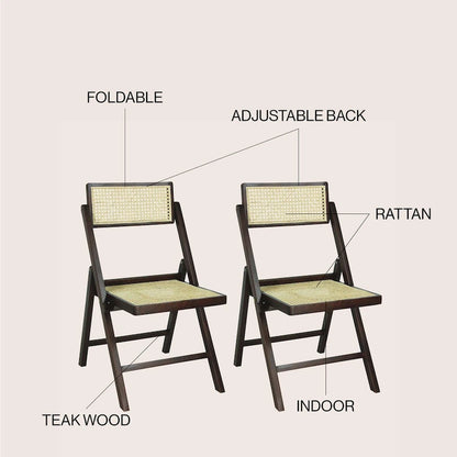 Sedia pieghevole Olivier Mid-Century Vintage in legno e rattan con schienale regolabile, (set da 2) di JONATHAN Y