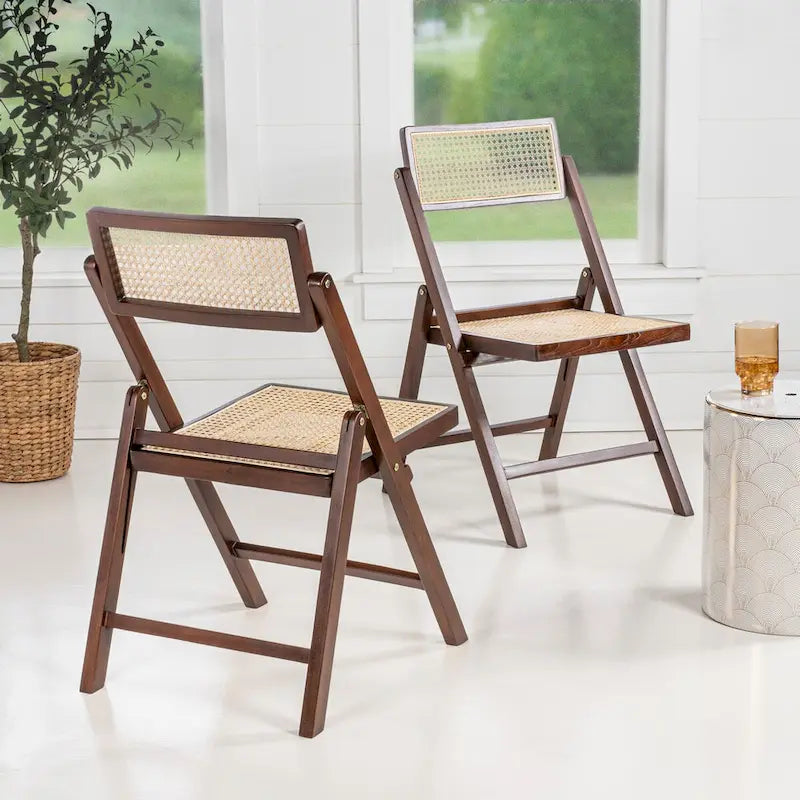 Sedia pieghevole Olivier Mid-Century Vintage in legno e rattan con schienale regolabile, (set da 2) di JONATHAN Y