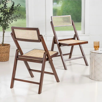 Sedia pieghevole Olivier Mid-Century Vintage in legno e rattan con schienale regolabile, (set da 2) di JONATHAN Y