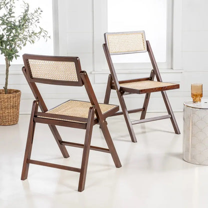 Sedia pieghevole Olivier Mid-Century Vintage in legno e rattan con schienale regolabile, (set da 2) di JONATHAN Y