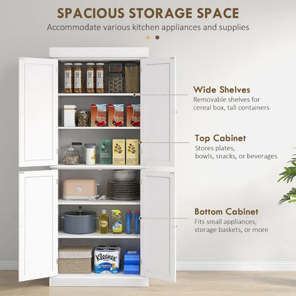 Dispensa da cucina da 72,5", mobile indipendente con 4 ante e ripiani regolabili per sala da pranzo, MDF