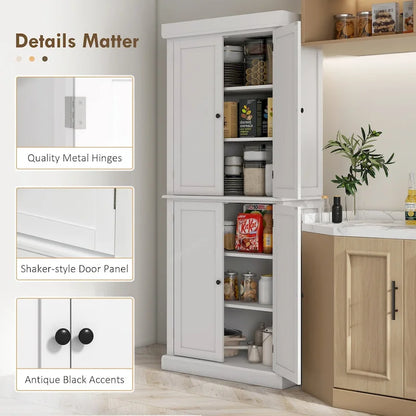 Dispensa da cucina da 72,5", mobile indipendente con 4 ante e ripiani regolabili per sala da pranzo, MDF