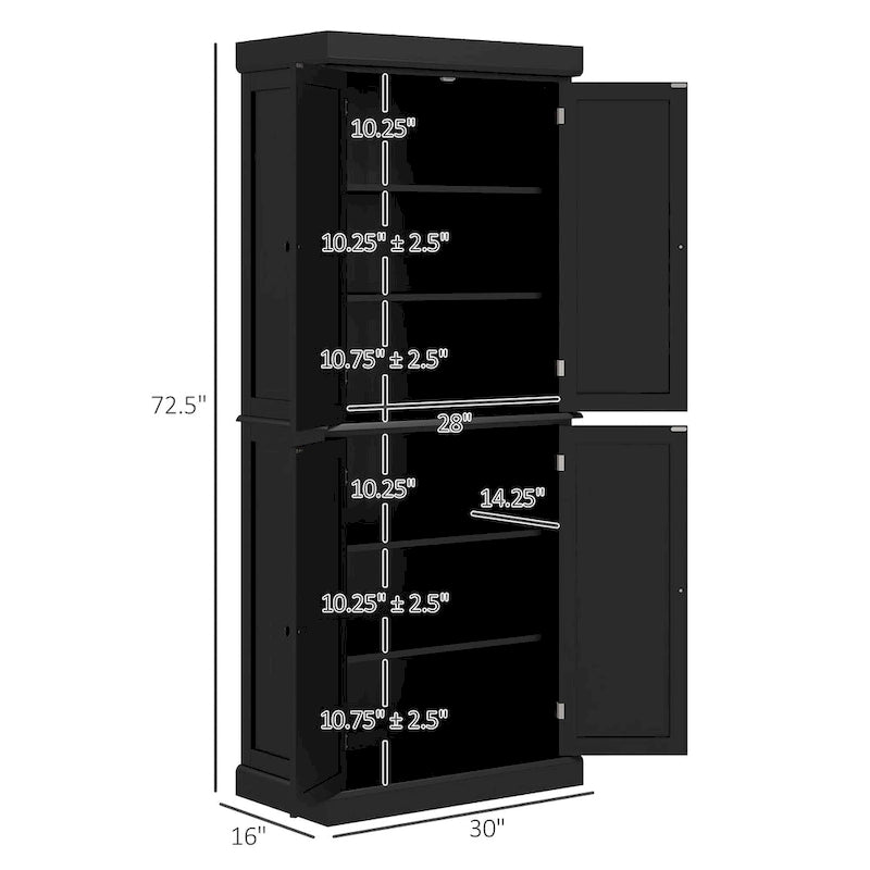 Dispensa da cucina da 72,5", mobile indipendente con 4 ante e ripiani regolabili per sala da pranzo, MDF