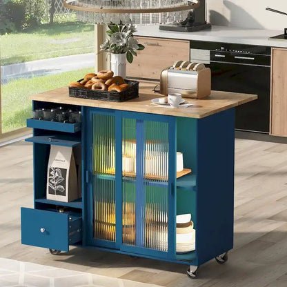 Isola per cucina in legno con LED da 44.03 pollici con ante a battente e ante scorrevoli in vetro