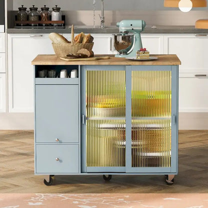 Isola per cucina in legno con LED da 44.03 pollici con ante a battente e ante scorrevoli in vetro