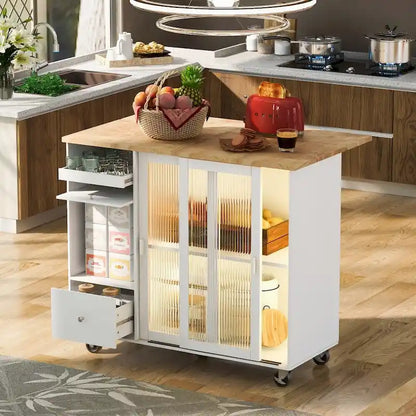 Isola per cucina in legno con LED da 44.03 pollici con ante a battente e ante scorrevoli in vetro