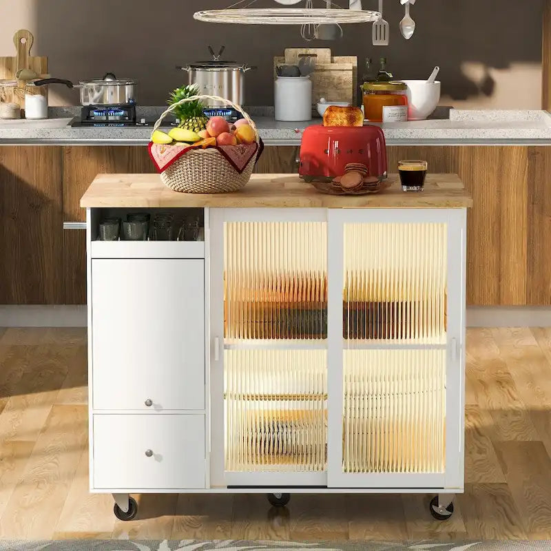 Isola per cucina in legno con LED da 44.03 pollici con ante a battente e ante scorrevoli in vetro