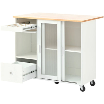 Isola per cucina in legno con LED da 44.03 pollici con ante a battente e ante scorrevoli in vetro