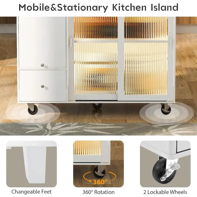 Isola per cucina in legno con LED da 44.03 pollici con ante a battente e ante scorrevoli in vetro