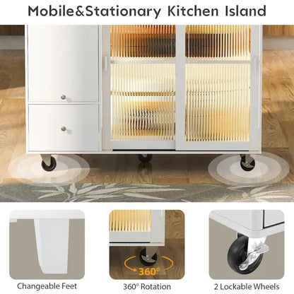 Isola per cucina in legno con LED da 44.03 pollici con ante a battente e ante scorrevoli in vetro