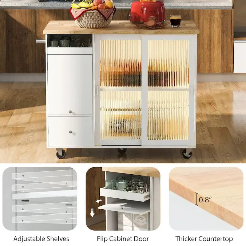 Isola per cucina in legno con LED da 44.03 pollici con ante a battente e ante scorrevoli in vetro
