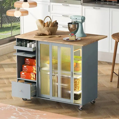 Isola per cucina in legno con LED da 44.03 pollici con ante a battente e ante scorrevoli in vetro